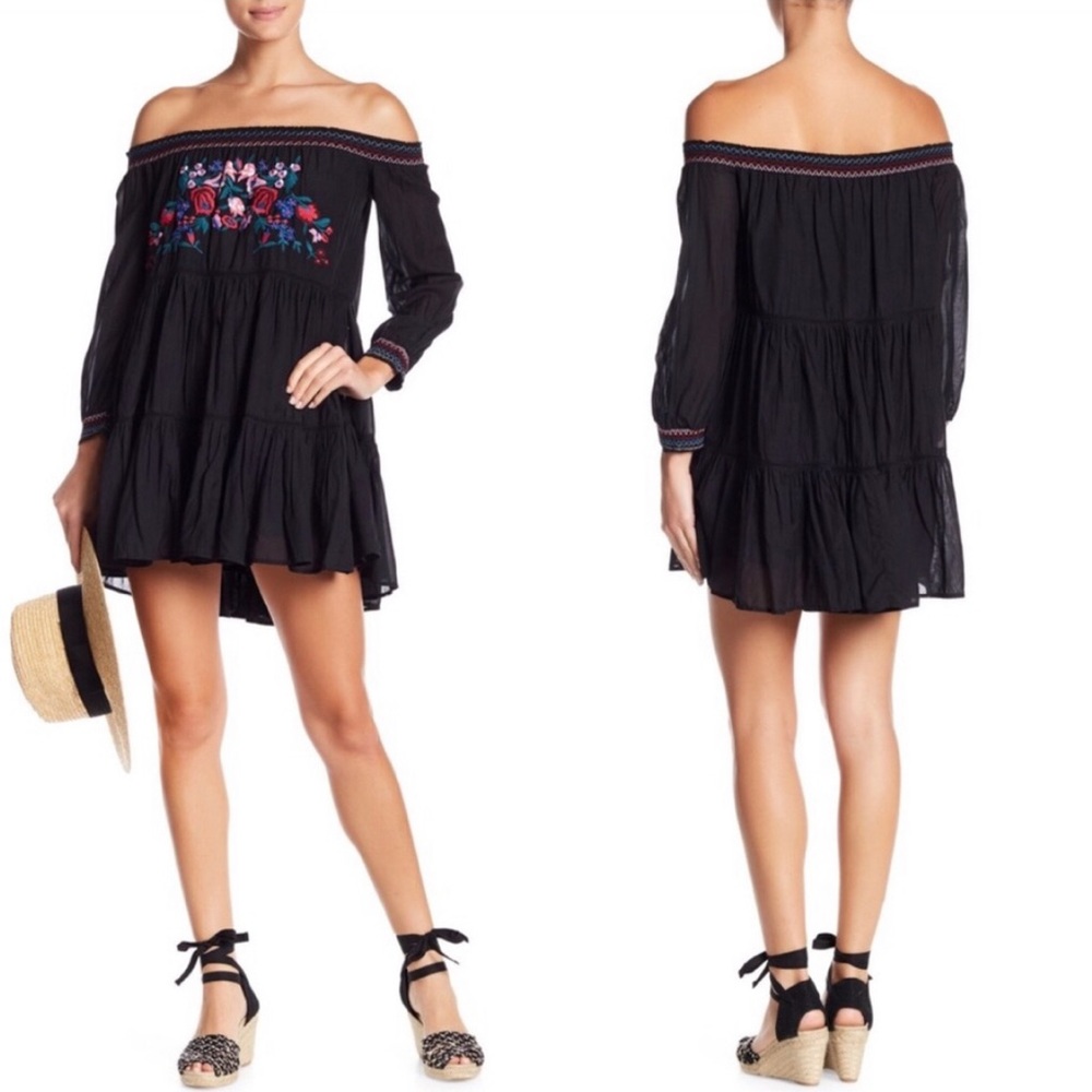Free People Black Sunbeams Embroidered Off The Shoulder Dress